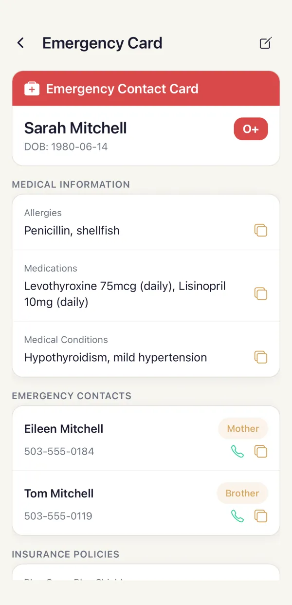 An emergency card listing allergies, medications, emergency contacts and insurance.