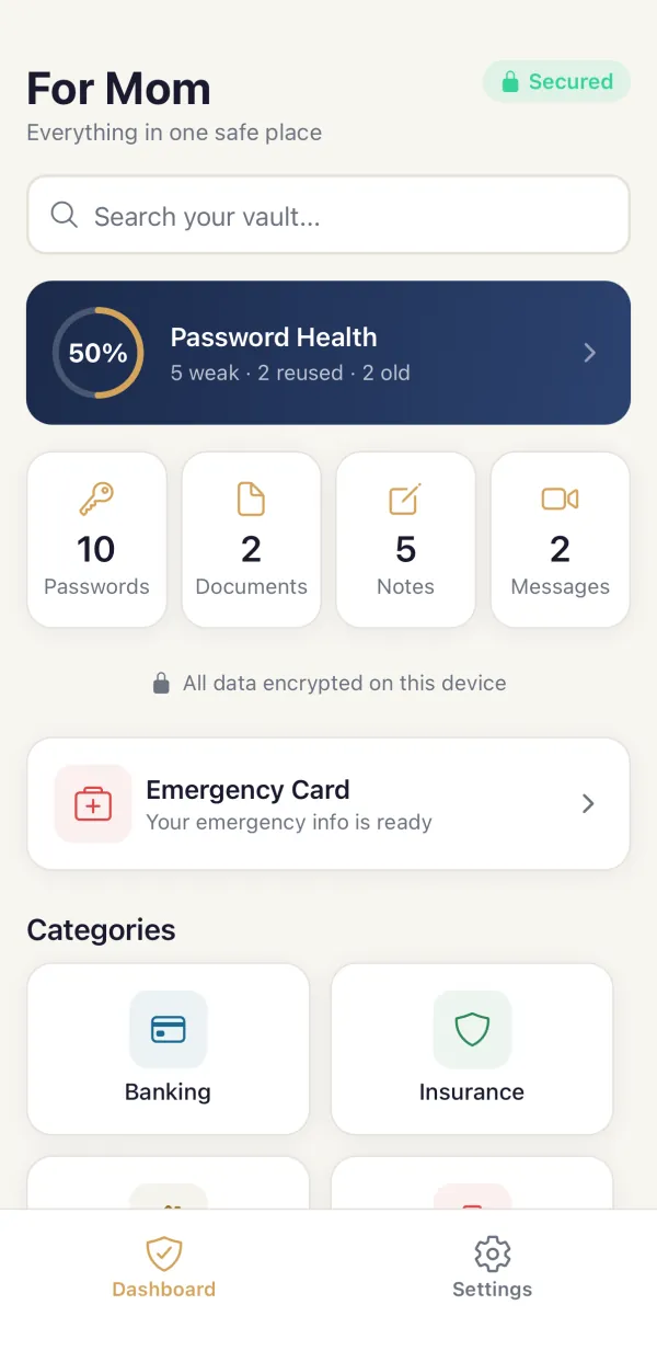 The SecureKeep dashboard for a vault named For Mom, showing password health, item counts and the emergency card.